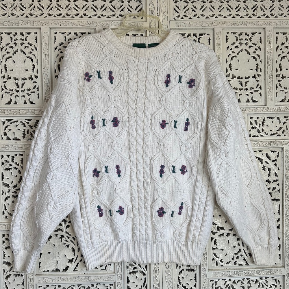 Vintage Northern Reflections chunky cable knit embroidered granny sweater large